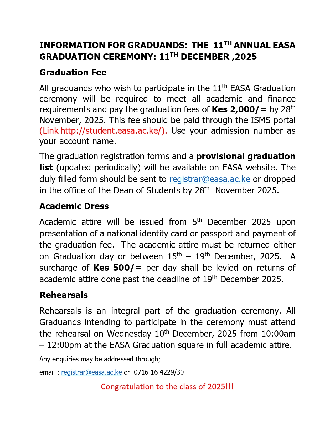 🎓 NOTICE TO ALL EASA GRADUANDS – 11TH ANNUAL GRADUATION CEREMONY 🎓